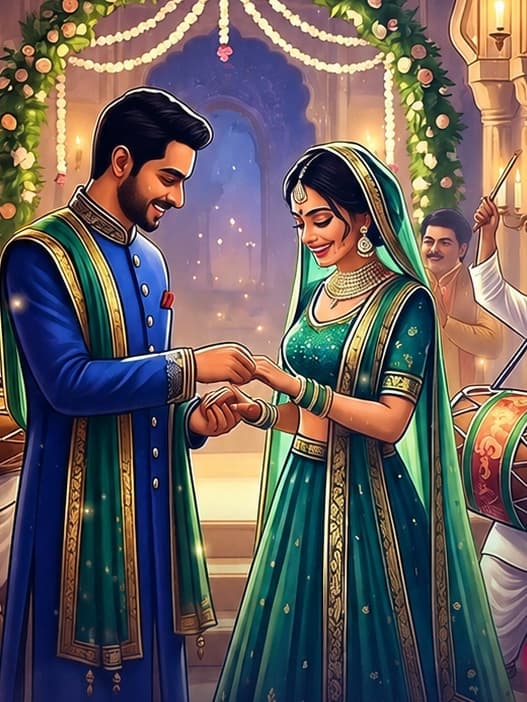 The couple at the Sangeet, from our invitation