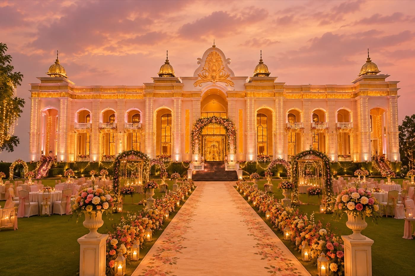 A palace lit up at dusk, from our invitation